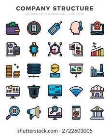 Pacote de ícones da estrutura da empresa. Ícones de estilo de Cor Linear. Ilustração vetorial.