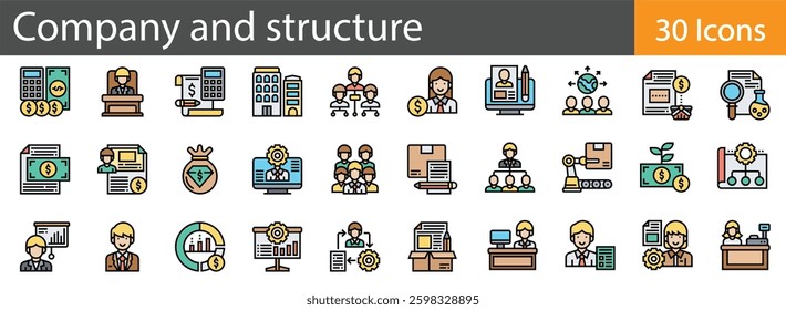Company Structure Line Icons Set. Collection of 30 outline icons representing corporate hierarchy, organizational management, and business structure.  vector illustration.