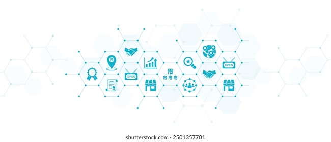 Company structure or organization and management vector illustration. Blue concept with icons related to franchise system, shop, commerce or retail, company network.