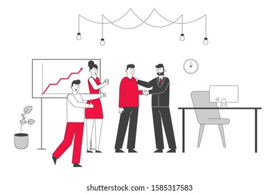 Company Success. Boss Congratulate Joyful Office Workers at Huge Monitor with Growing Arrow Graph. Happy Employees in Workplace Celebrating Business Victory. Cartoon Flat Vector Illustration, Line Art