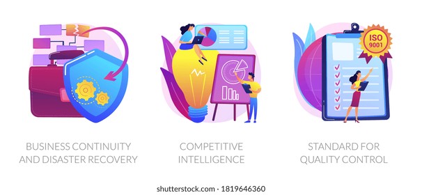 Company success guarantees. Business continuity and disaster recovery, competitive intelligence, standard for quality control metaphors. Vector isolated concept metaphor illustrations.