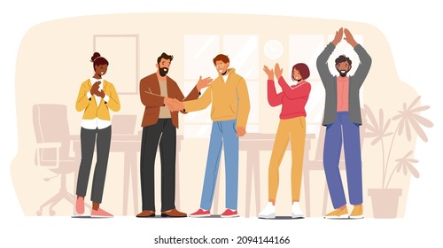 Company Success, Worker Encouraging, Congratulation Best Colleagues Business Concept. Boss Congratulate Joyful Officer, Shaking Hand. Happy Employees Celebrating Victory. Cartoon Vector Illustration