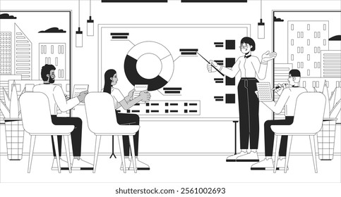 Company summary of fiscal year black and white line illustration. Woman manager briefing team 2D characters monochrome background. Annual report performance. Whiteboard statistics outline vector image