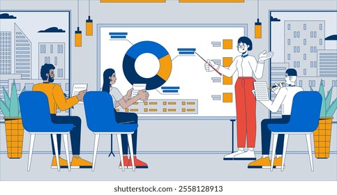 Company summary of fiscal year flat illustration. Woman manager briefing team diverse 2D characters cartoon background. Annual report performance. Whiteboard statistics scene vector storytelling image