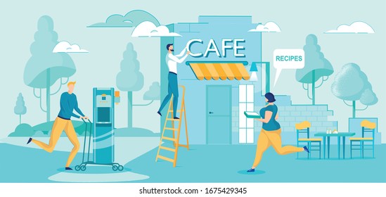 La empresa apoya a los empresarios con tecnología y equipo en el Café de la sucursal con licencia de apertura. Distribución de franquicias, desarrollo de cadenas de negocios y marcas. Ilustración de vectores planos.