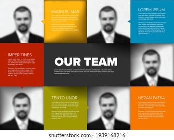 Company team color mosaic presentation template with team profile photos placeholders and some sample text about each team member - solid mosaic version with simple arrows