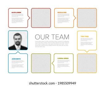 Company team color mosaic presentation template with team profile photos placeholders and some sample text about each team member - solid mosaic version with simple arrows