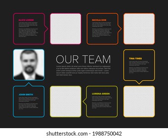 Company team color mosaic presentation template with team profile photos placeholders and some sample text about each team member - solid dark mosaic version with simple arrows