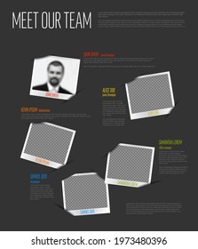 Company Team Dark Presentation Template With Team Profile Photos Placeholders And Some Sample Text About Each Team Member - Retro Photo Team Members Placeholders With Description