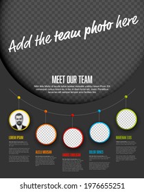 Company team dark presentation template with big photo and team profile photos circle placeholders with some sample text about each team member - photo team members placeholders with descriptions