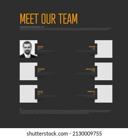 Company team dark presentation template with team profile photos placeholders and some sample text about each team member - dark version and yellow accent on team members names