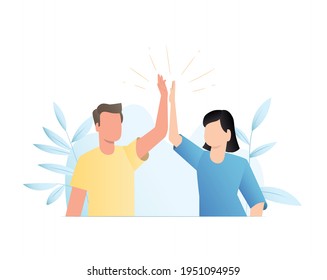 Company, team of happy people clap their hands for successful completion of business, work, deal. High five gesture. Vector friends work together, have fun, rejoice in victory, gain, luck.