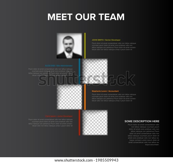 Company team\
members color mosaic presentation template with team profile photos\
placeholders and some sample text about each team member - solid\
dark mosaic version with team\
photos