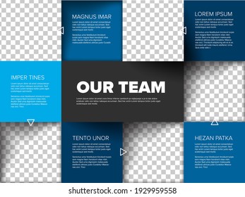 Company team mosaic presentation template with team profile photos placeholders and some sample text about each team member - blue mosaic version with simple arrows