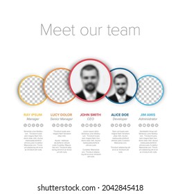 Company Team Presentation Template With Circle Team Profile Photos Placeholders And Some Sample Text About Each Team Member - Light Version With Different Photo Profile Sizes