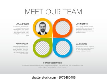 Company team presentation template with team profile photos circle placeholders with some sample text about each team member - photo team members placeholders with descriptions