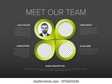 Company Team Presentation Template With Team Profile Photos Green Circle Placeholders With Some Sample Text About Each Team Member Photo Team Members Placeholders With Descriptions On Dark Background