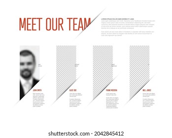 Company team presentation template with team profile photos placeholders and some sample text about each team member - light version and red accent on team members names