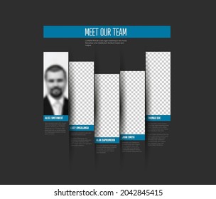 Company Team Presentation Template With Team Profile Photos Placeholders And Some Sample Text About Each Team Member - Dark Version And Blue Accent On Team Members Names