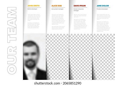 Company Team Presentation Template With Team Profile Photos Placeholders And Some Sample Text About Each Team Member - Light Version With Color Team Members Names