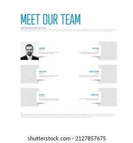 Company team presentation template with team profile photos placeholders and some sample text about each team member - light version and blue accent on team members names