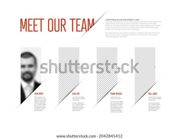 Company team presentation
template with team profile photos placeholders and some sample text
about each team member - light version and red accent on team
members names