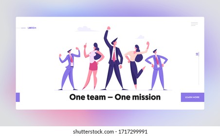 Company Teamwork Collaboration, People Rejoice Landing Page Template. Businesspeople Team Celebrate Project Development in Office. Business Characters Success Celebration. Cartoon Vector Illustration