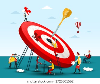 Company Teamwork Concept. People Solving Puzzle Pieces, Building Target - Bullseye with Dart. Business Success Symbol Vector Illustration.