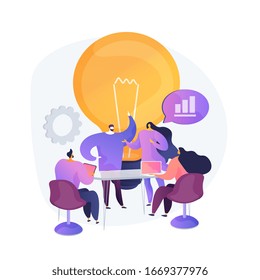 Company teamwork, idea generation. Discussion, meeting, conference. Corporate workers characters brainstorming, business strategy planning. Vector isolated concept metaphor illustration.
