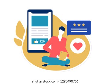 Company testimonials - flat design style colorful illustration on white background. A composition with a man writing comments on tablet, deciding the ratings, image of smartphone. Feedback concept