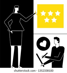 Company testimonials - flat design style vector illustration. High quality black, yellow and white composition with man, woman writing comments, deciding the ratings, putting stars. Feedback concept