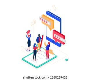 Company testimonials - modern colorful isometric vector illustration on white background. Composition with male, female workers making star rating, comments on smartphone screen. Feedback concept