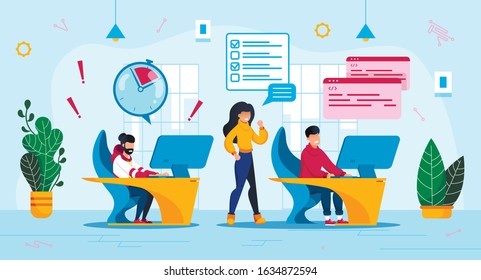 IT Company Time Management Trendy Flat Vector Concept. Employees, Office Workers Team, Software Developers Group in Panic Because of Project Deadline Miss, Lack of Time to Finish Work Illustration