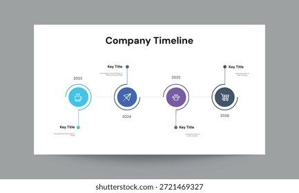Plantilla de presentación de diapositivas de la línea de tiempo de la empresa con un diseño limpio, moderno y profesional. Ideal para mostrar los hitos de la empresa, los plazos del proyecto, el crecimiento del negocio, la hoja de ruta y la historia corporativa. Totalmente editable y fácil de personalizar, adecuado para PowerPoint, Presentaciones de Google y Keynote. Perfecto para presentaciones corporativas, de empresas emergentes y profesionales.