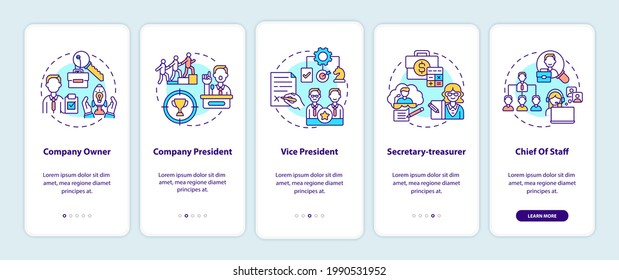 Company top management jobs onboarding mobile app page screen with concepts. Company owner walkthrough 5 steps graphic instructions. UI vector template with RGB color illustrations