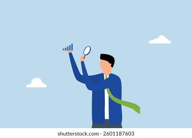 Company transparency, businessman examines graph with magnifying glass. 
