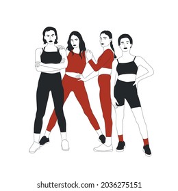 Compañía de mujeres planas de moda en tracksuit - top, leggings, shorts y zapatillas. Equipo de chicas. El grupo de personas de la moda se mantiene unido