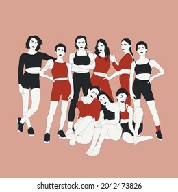 Company of trendy flat women in tracksuits - tops, leggings, shorts and sneakers. Team of girls. The group of fashion people stands together