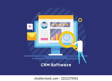 Unternehmen, das CRM-Software zur Aufrechterhaltung der Kundenkommunikation verwendet, CRM-Technologie für Unternehmen - flacher Hintergrund für Vektorgrafik