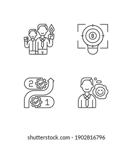 Company values linear icons set. Financial goal. Consistency in project planning. Positive attitude. Customizable thin line contour symbols. Isolated vector outline illustrations. Editable stroke