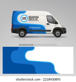 Company Van mockup with blue branding wrap design. Sticker and decal design for company. Abstract blue graphics on corporate vehicle. Brand advertising livery on company Car. Editable vector