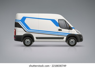 Company Van mockup with branding design. Abstract blue stripes graphics corporate identity for company car. Corporate Van mockup. Vehicle branding graphics. Business flyer. Editable vector template