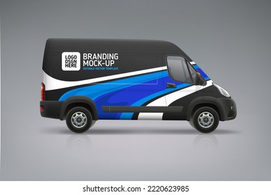 Company Van mockup with branding design. Abstract blue stripes graphics on corporate Car. Side view Delivery Van mock-up. Branding vehicle. Editable vector template