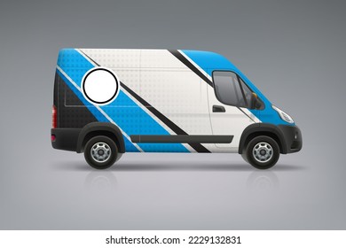 Company Van mockup with branding design. Abstract blue graphics corporate identity for company car. Corporate Van mockup. Vehicle branding graphics. Editable vector template