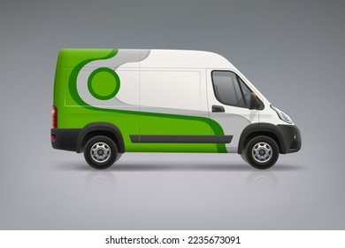 Company Van mockup with branding design. Wrap, sticker and decal design for company. Abstract green stripes graphics on corporate vehicle. Branding on business transport. Editable vector