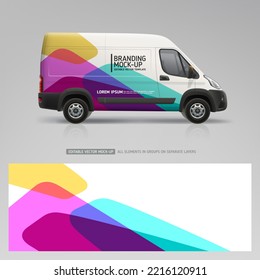 Company Van mockup and branding sticker wrap design. Abstract graphics corporate identity for company car.  Corporate Van mockup. Vehicle branding graphics. Business flyer. Editable vector template