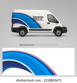 Company Van mockup and branding sticker wrap design. Abstract graphics corporate identity for company car.  Corporate Van mockup. Vehicle branding graphics. Business flyer. Editable vector template