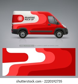 Company Van mockup with red branding wrap design. Sticker and decal design for company. Abstract red stripes graphics on corporate vehicle. Brand advertising livery on company Car. Editable vector
