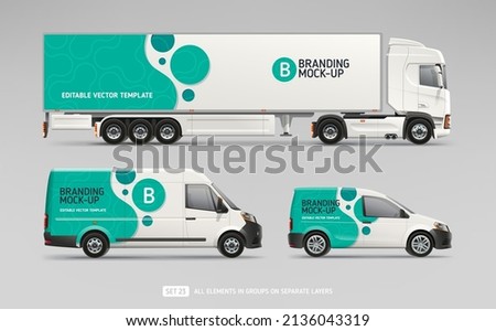 Company Van,  Truck, Delivery Car with blue-green branding design mock-up set. Abstract geometric graphics design for Business Corporate identity. Company Cars. Delivery Transport mockup