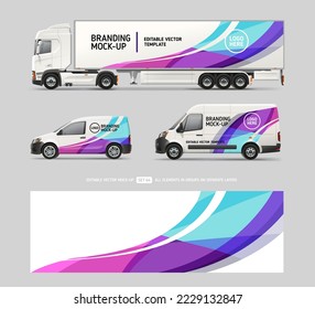 Company Van Truck trailer mockup with blue stripes design for branding and corporate identity. Abstract graphics for business background. Flyer or wrap design. Editable vector
